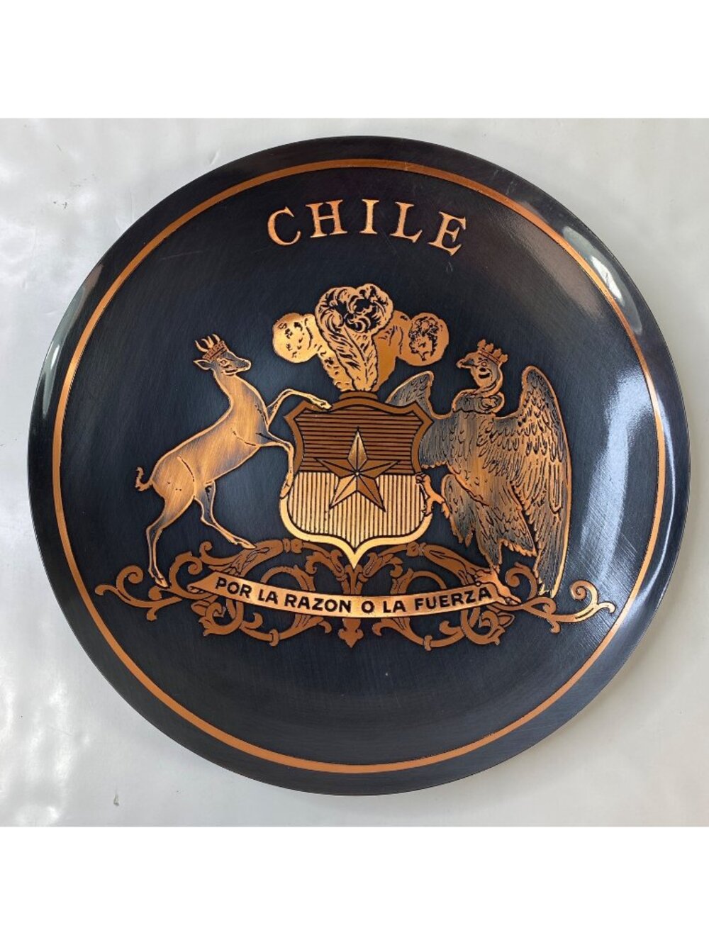 Chile Emblem Decorative Black Metal Plate Copper Trim Huemul Condor Design